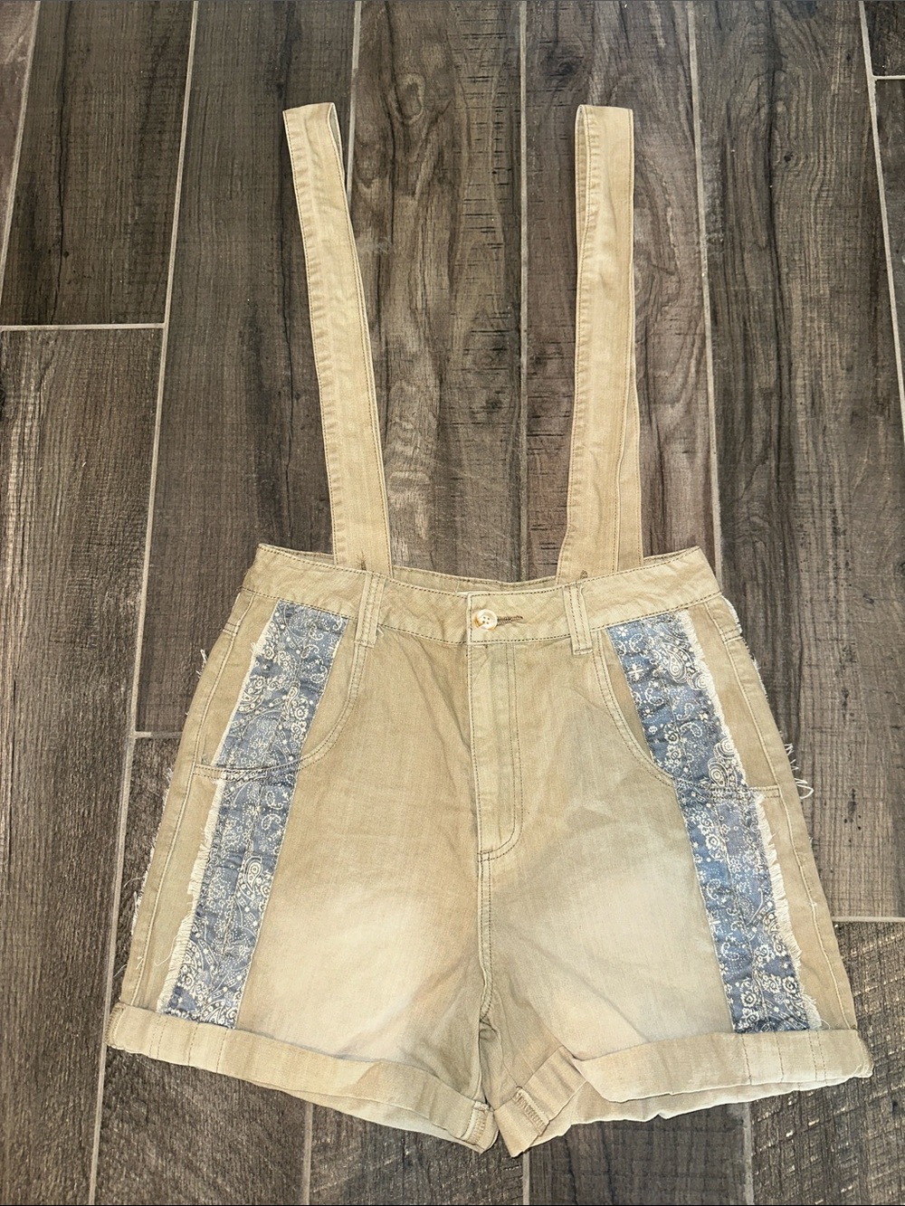 easel Tan Utility Suspender Shorts with Button Details